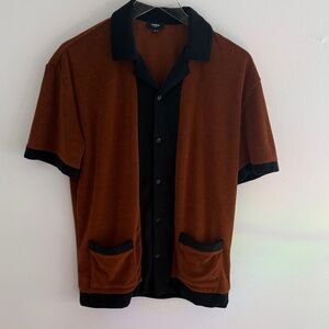 Express Men’s Brown and Black Button-Up Shirt Terrycloth size small
